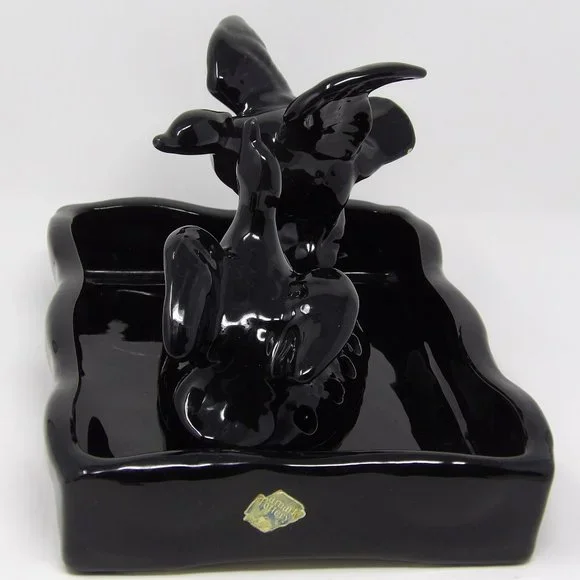 Vintage Camark Pottery Black Pair of Ducks Flower Frog with Matching Black Pond